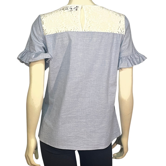 3-FOR-$30 Karl Lagerfeld Sz S Ruffle Sleeve Top Chambray Blue  White Lace - Picture 2 of 10